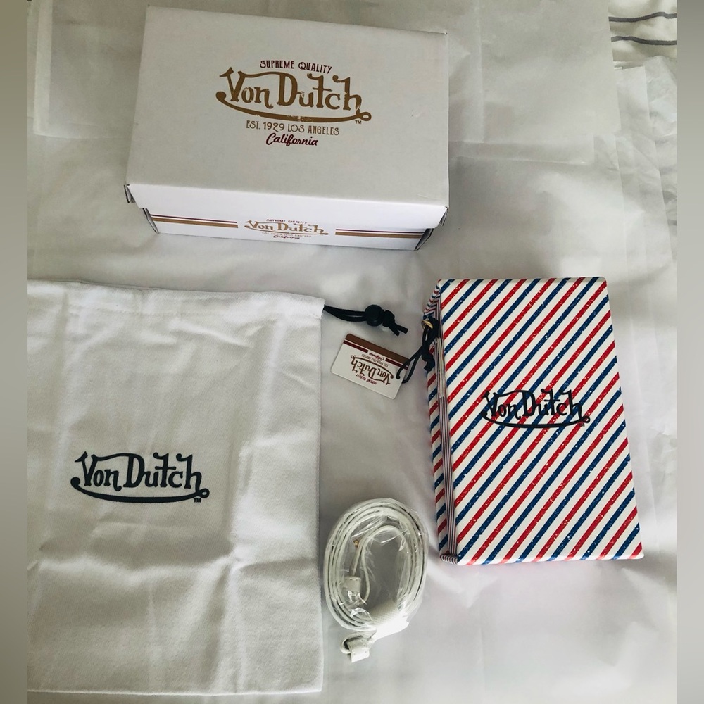 Von Dutch Red, Blue, White Striped Crossbody Bag